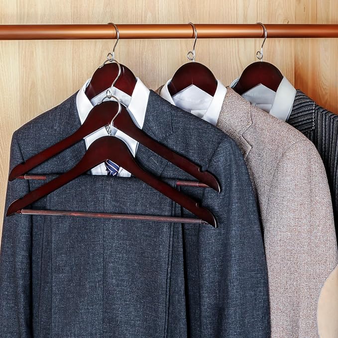 TOPIA HANGER Cherry Wood Hangers 30 Pack, Space Saving Coat Hanger with 360° Swivel Cascading Loop Hook, Non Slip Pants Bar and Shoulder Notches for Camisole, Jacket, Suit (Mahogany) -CT74M30