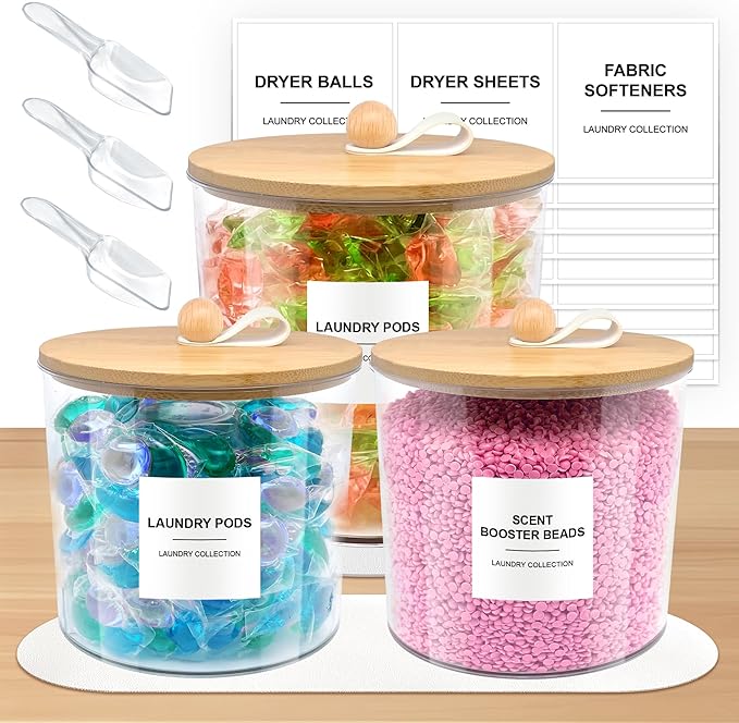 3 Pack Laundry Pods Container,Laundry Room Organization and Storage Jars,Laundry Detergent Container for Powder,Pods,Scent Booster,with Non-Slip PU Leather Pad and Handle,Bamboo Lids,Labels and Scoops