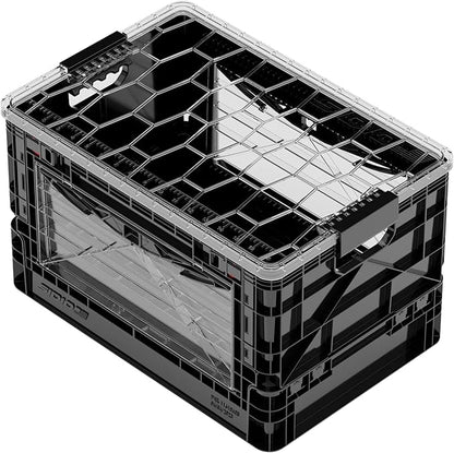 SIDIO Full-Size Collapsible Crate - Heavy Duty Stackable Storage Bin with Lid & 2 Short-Ways Dividers, Durable Plastic Organizer for Home, Office, Garage & Outdoor Use (Black)