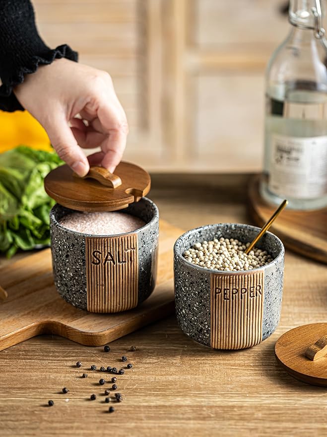 Salt and Pepper Bowl Ceramic, 10 Oz Salt Containers for Countertop Salt Cellar with Wooden Lid and Spoons, Salt and Pepper Set Marble Design, Gray