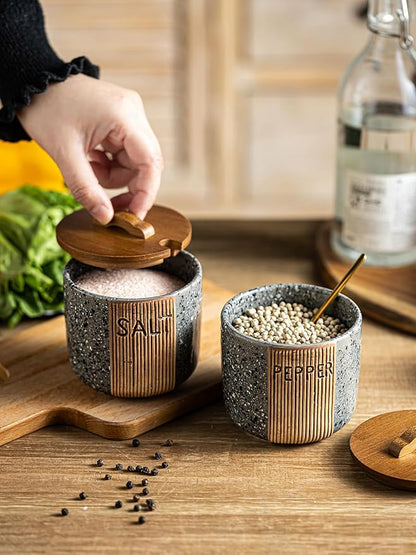 Salt and Pepper Bowl Ceramic, 10 Oz Salt Containers for Countertop Salt Cellar with Wooden Lid and Spoons, Salt and Pepper Set Marble Design, Gray