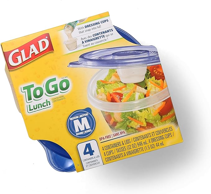 Glad GladWare To Go Lunch Food Storage Containers with Lids, Medium Round BPA Free Plastic with Built-In Dressing Cup for Salads and Lunches, Microwave Dishwasher Safe, 32 Oz, 4 Count - 6 Pack