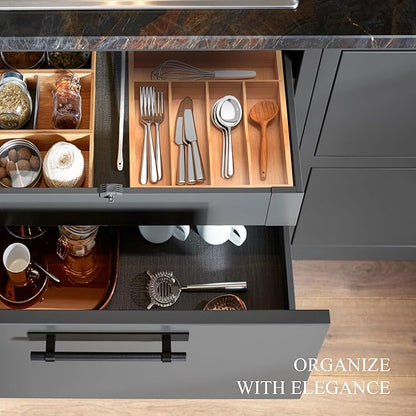 Silverware Organizer, Bamboo Kitchen Drawer Organizer, Utensil Holder, Cutlery Tray & Spoon Flatware Storage with Grooved Drawer Dividers (10''W x 16''D)