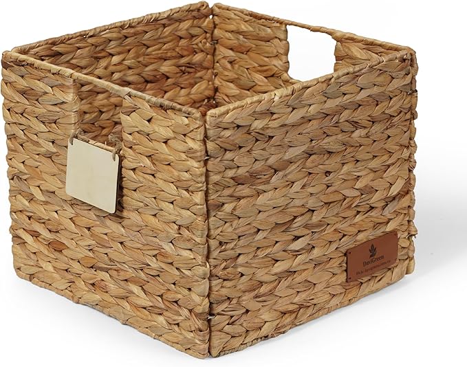 Water Hyacinth Storage Basket – 12x12x10 Inch Foldable Woven Organizer Bin, Handwoven Natural Fiber with Reinforced Frame, SGS Tested (US FDA 21 CFR 178.3800(b) PCP PASS)