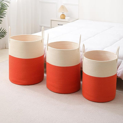 Woven Laundry Hamper Tall Rope Storage Basket for Blanket oys Dirty Clothes in Living Room Bathroom Bedroom (White&Orange, 60L/15.8Gal)