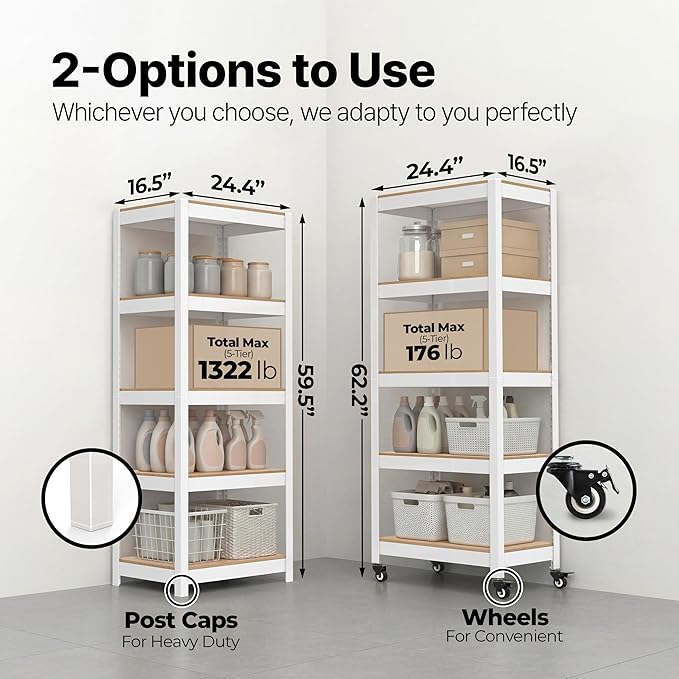 HOMEDANT House 24.4" W 5 Tier Heavy Duty Garage Shelving Adjustable Metal Rack Storage Shelves Standing Shelf Unit Organizers Pantry Closet Office White 1Pack