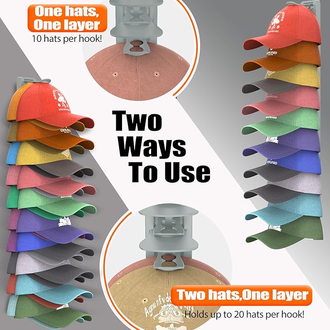 Hat Organizer for Baseball Caps, 2 Pack Hat Rack for Wall, Strong Adhesive Hat Storage Display Holder(Gray)