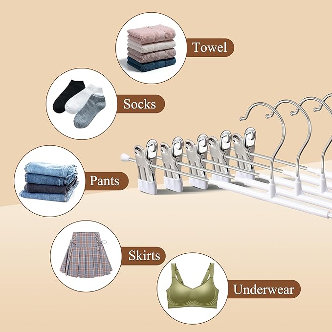 Pants Hangers with Clips 10 Pack 16Inch Adjustable Skirt Hanger for Women Non-Slip Trousers Hanger for Jeans Clothes Hangers for Pants Heavy Duty Space Saving Shorts Hangers,White