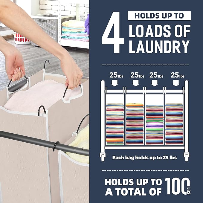 STO STO Laundry Sorter 4 Section, 4 Bag Clothes Hamper, Rolling Laundry Cart Basket with Heavy Duty Lockable Wheels and Removable Bag for Laundry Room, Bedroom, Closet, Beige