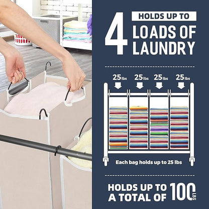 STO STO Laundry Sorter 4 Section, 4 Bag Clothes Hamper, Rolling Laundry Cart Basket with Heavy Duty Lockable Wheels and Removable Bag for Laundry Room, Bedroom, Closet, Beige