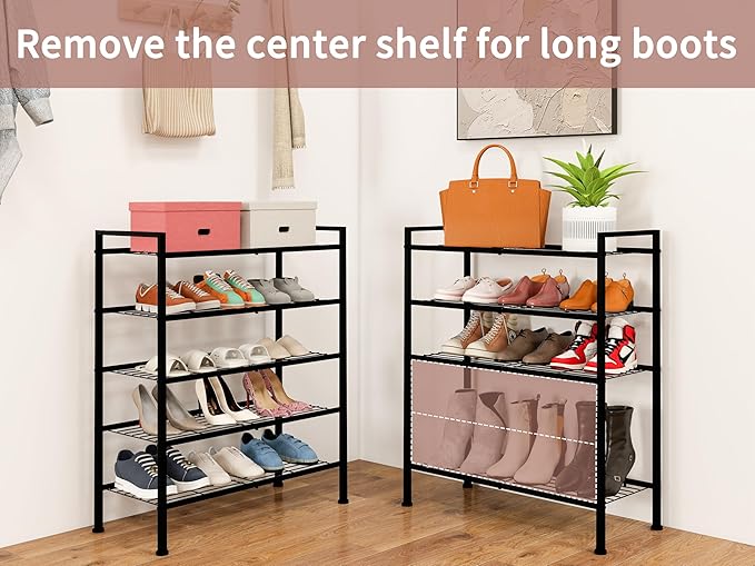 5-Tier Shoe Rack, Metal Storage Shelves for Closet Entryway, Tall Narrow Unit for Small Spaces, Multi-Purpose Organizer for Bedroom Garage, Easy Assembly, Black