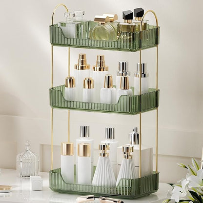 YCIA&DONE Bathroom Organizer Countertop, Makeup Storage, Skincare Cosmetic Tray Shelf, Perfume Holder Rack for Vanity Counter, Large Capacity, Easy to Install, Clean, 3 Tiers, Vintage Green