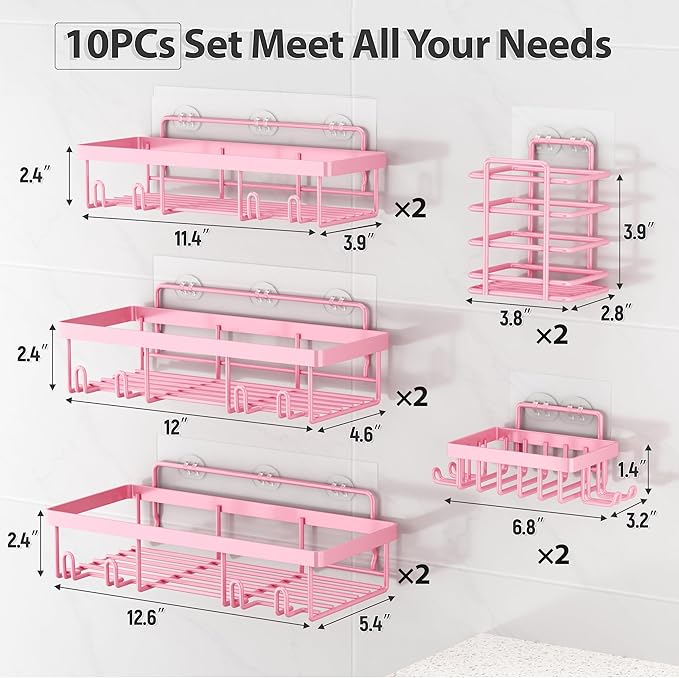 Liuoud 10 Pack Shower Caddy Organizer Rack Shelf for Inside Shower, Self Adhesive Wall Storage Basket Rustproof Stainless Steel Shampoo Holder Bathroom Accessory Decor Set, Pink