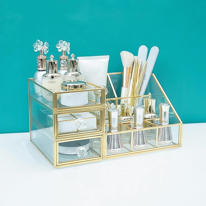 JIARI Glass Makeup Organizer with Drawer, Gold Brass Frame Jewelry Display Box, Nordic Style Cosmetic Storage for Vanity Bathroom Bedroom Office, 10.23x6.29x5.11 Inches (Storage Box-A32)