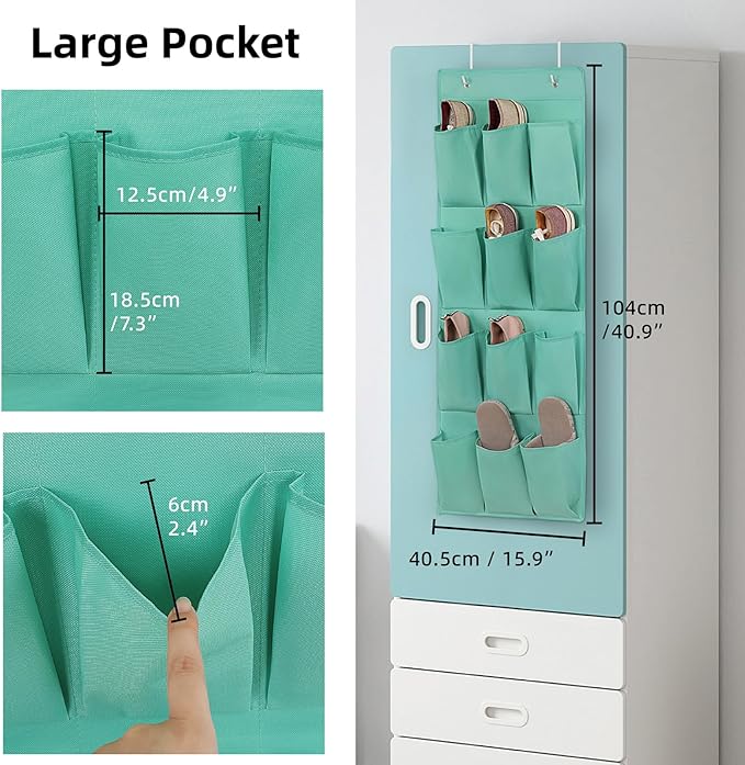 Over the Door Shoe Organizer, Hanging Shoe Rack Storage Holder with 12 Large Pockets for Closet Door, Men Women Kids Shoes, Cruise(Green