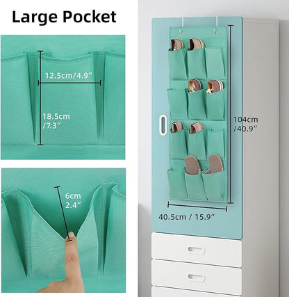 Over the Door Shoe Organizer, Hanging Shoe Rack Storage Holder with 12 Large Pockets for Closet Door, Men Women Kids Shoes, Cruise(Green