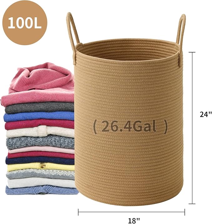 Laundry Basket Hamper Tall Rope Storage Woven for Blanket toys Dirty Clothes in Living Room Bathroom Bedroom (Jute Brown, 100L/26.4Gal)