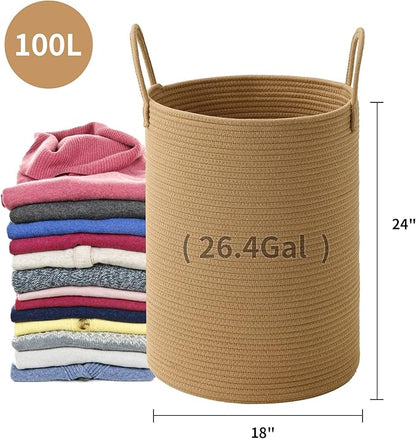 Laundry Basket Hamper Tall Rope Storage Woven for Blanket toys Dirty Clothes in Living Room Bathroom Bedroom (Jute Brown, 100L/26.4Gal)
