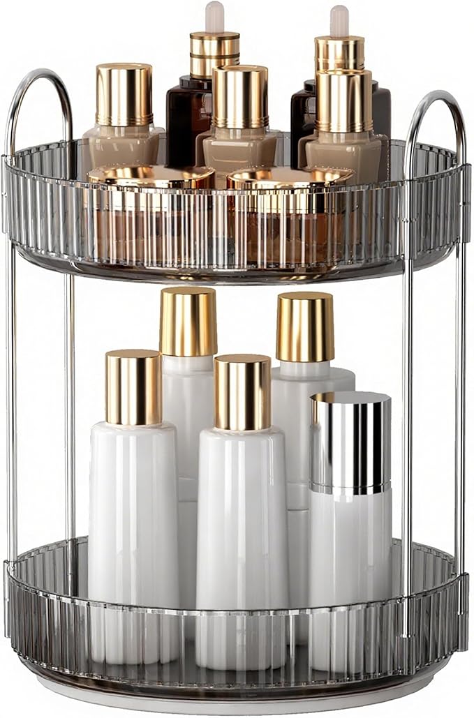 YCIA&DONE 360 Rotating Makeup Organizer and Storage for Vanity Countertop 2 Tiers, High Capacity Cosmetic Skincare Perfume Organizers for Dresser Bathroom Lazy Susan (Smoky Gray)