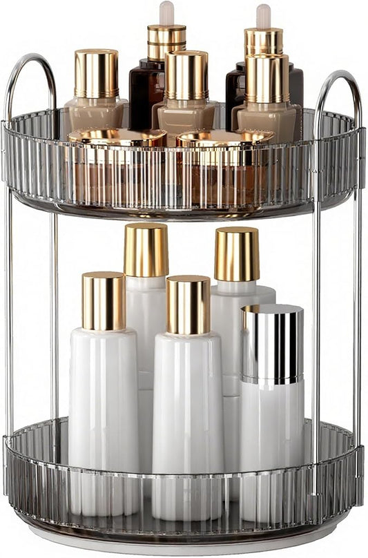YCIA&DONE 360 Rotating Makeup Organizer and Storage for Vanity Countertop 2 Tiers, High Capacity Cosmetic Skincare Perfume Organizers for Dresser Bathroom Lazy Susan (Smoky Gray)