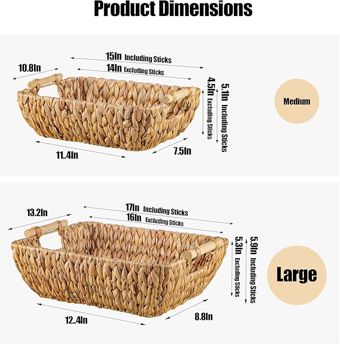 Mowtanco Woven Storage Baskets – Set of 2 Handwoven Water Hyacinth Wicker Baskets with Wooden Handles for Organizing, Decorative Baskets for Laundry Room, Home Decor - Large & Medium