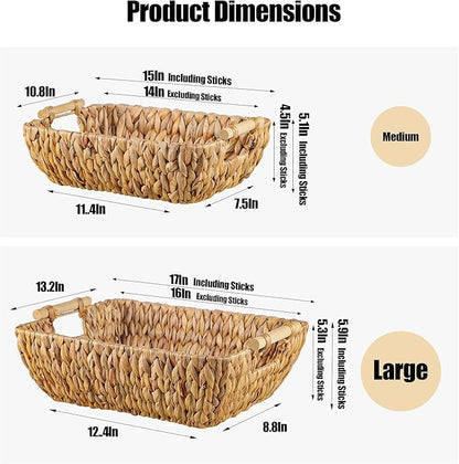 Mowtanco Woven Storage Baskets – Set of 2 Handwoven Water Hyacinth Wicker Baskets with Wooden Handles for Organizing, Decorative Baskets for Laundry Room, Home Decor - Large & Medium
