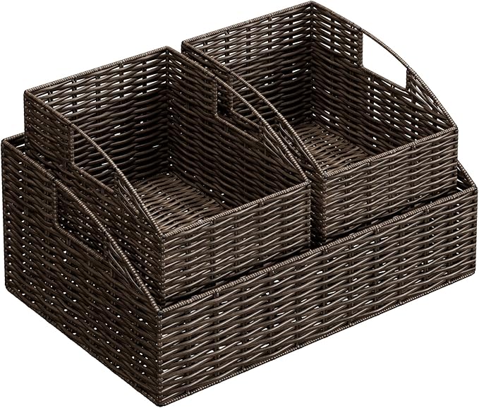 Rattan Storage Baskets, Handwoven Wicker Storage Bins with Built-in Handles, Storage Container Baskets for Shelves, Bedroom, Bathroom, Laundry Room or Kitchen(Brown)