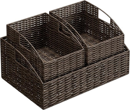 Rattan Storage Baskets, Handwoven Wicker Storage Bins with Built-in Handles, Storage Container Baskets for Shelves, Bedroom, Bathroom, Laundry Room or Kitchen(Brown)