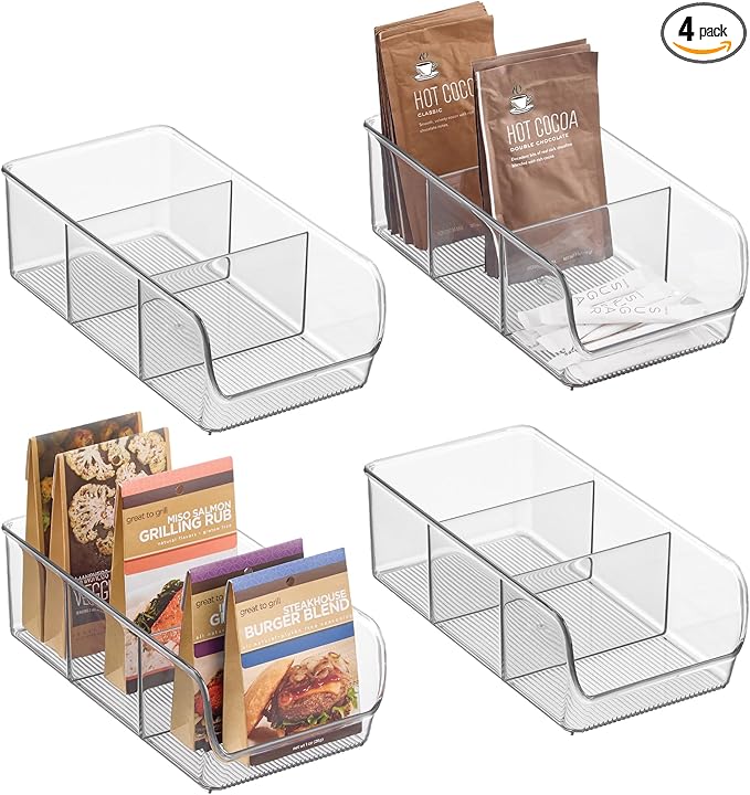 iDesign Stackable 3-Section Divided Storage Bin for Pantry, Fridge, or Cabinet - Set of 4 - Clear