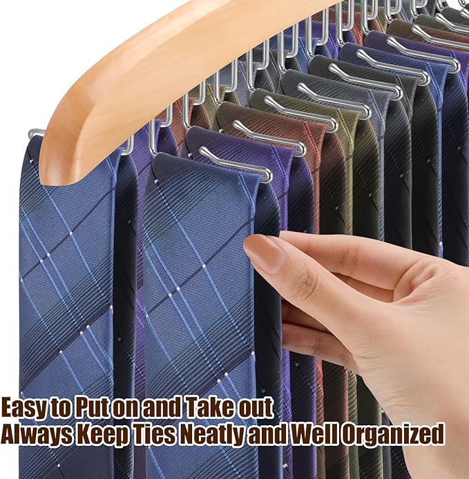 Tie Rack Hanger for Closet,360 Degree Rotating Tie Holder Organizer with 24 Folding Hooks,Wooden Men's Neck Tie Organizer Storage for Belts Tank Tops Scarves