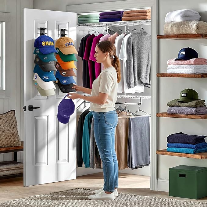 Hat Organizer for Baseball Caps, 2 Pack Hat Rack for Wall Closet Door Hold up to 16 Hats,Hat Holder with Adhesive and 8 Screws, Hat Hanger Cap Holder Hat Hangers for Wall Closet Door Bedroom(A-Black)