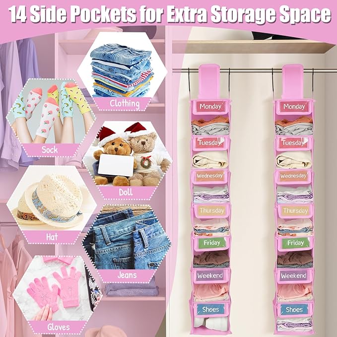 2 Pack 7 Shelf Weekly Clothes Organizer Hanging Closet for Kids with Side Pockets Weekday Shoes Rack Weekly Clothes Organizers Monday Through Weekend Foldable Storage Shelves(Pink)