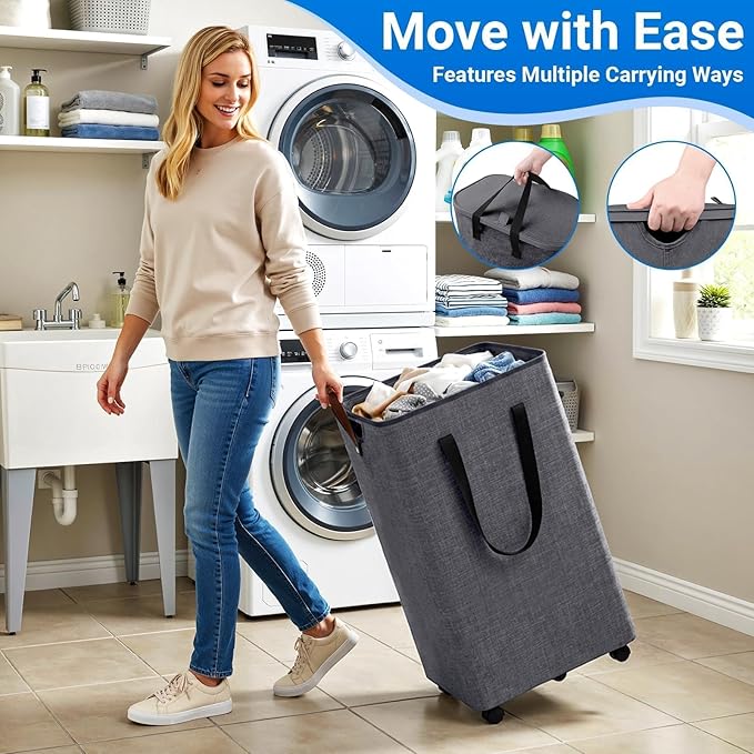 Laundry Basket with 5 Wheels, Tall Dirty Laundry Hamper, Rolling Laundry Basket with Lid, Large 100L Collapsible Clothes Hamper for Laundry Room Bedroom Bathroom Dorm, Light Gray