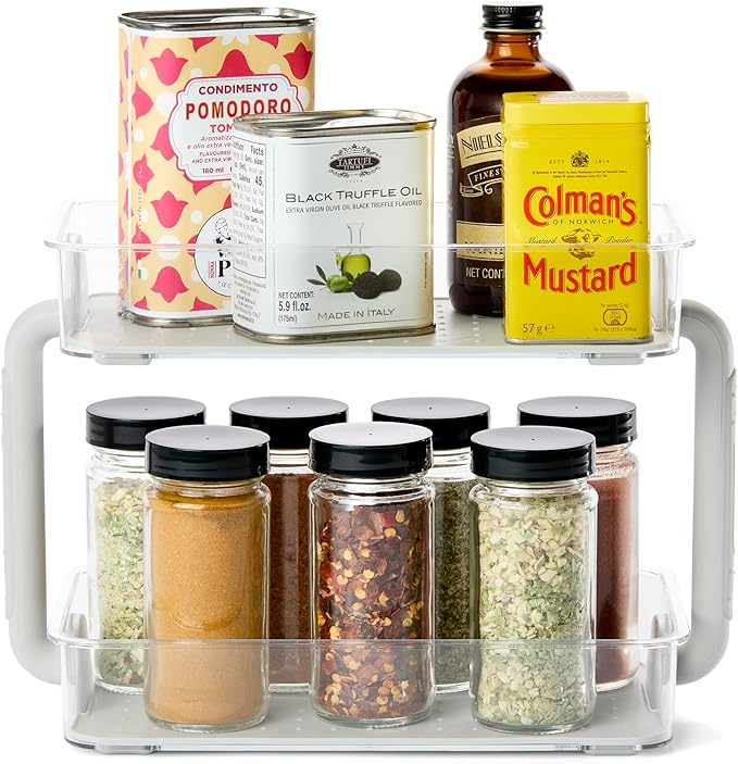 madesmart Tiered Spice Organizer, 8 Jars for Kitchen Essentials, Vertical Storage for Salt, Pepper, Cayenne, Soft-Grip Lining, Dual Handles, Grey