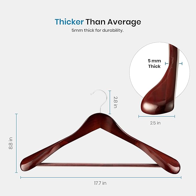 ZOBER 6 Pack High-Grade Wooden Suit Hangers for Men, Wide Shoulder Hangers with Non Slip Pants Bar, Smooth Finish, Holds Upto 20lbs, 360° Swivel Hook, Jacket Hanger, Heavy Duty Wide Hanger for Closet
