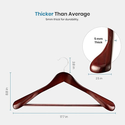ZOBER 6 Pack High-Grade Wooden Suit Hangers for Men, Wide Shoulder Hangers with Non Slip Pants Bar, Smooth Finish, Holds Upto 20lbs, 360° Swivel Hook, Jacket Hanger, Heavy Duty Wide Hanger for Closet