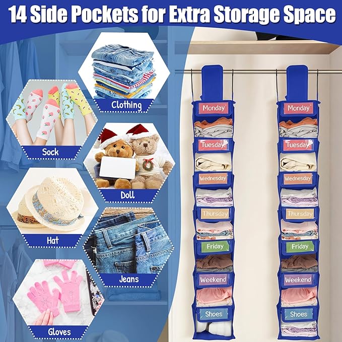 2 Pack 7 Shelf Weekly Clothes Organizer Hanging Closet for Kids with Side Pockets Weekday Shoes Rack Weekly Clothes Organizers Monday Through Weekend Foldable Storage Shelves (Dark Blue)