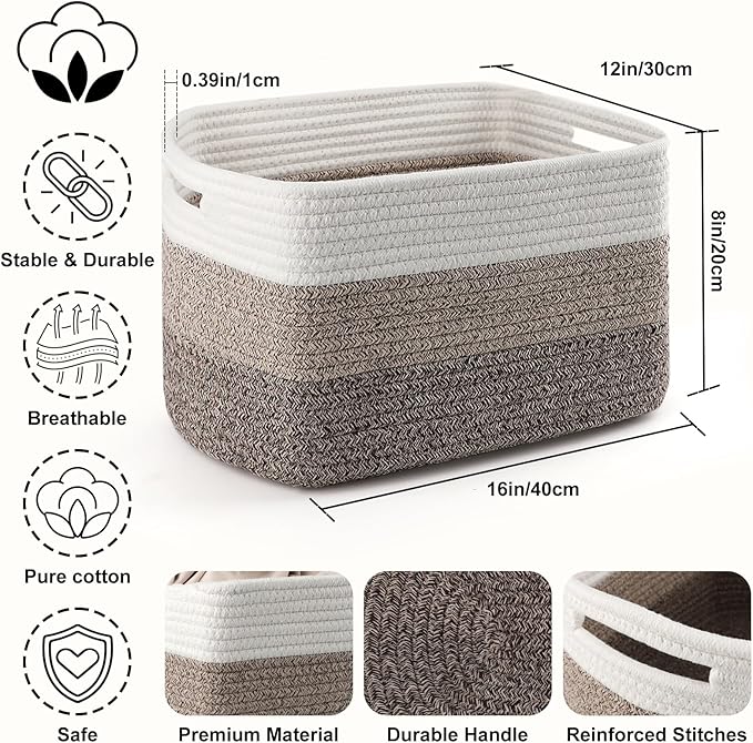 4 Pack Large Storage Baskets for Organizing, 16''Lx12''Wx8''H Woven Baskets for Storage Toys, Towels, Books, and Clothes, Cotton Rope Basket for Shelves with Handle