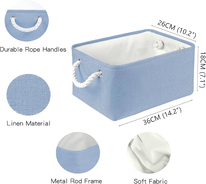 Storage Bins with Sturdy Cotton Handles(3 Pack), Fabric Storage Baskets for Organizing use for Office & Home, Book, Clothes, Toys, Closet Boxes (Medium, Blue, 14.2x10.2x7.1 inches)