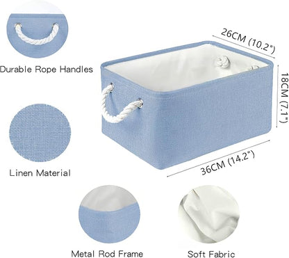 Storage Bins with Sturdy Cotton Handles(3 Pack), Fabric Storage Baskets for Organizing use for Office & Home, Book, Clothes, Toys, Closet Boxes (Medium, Blue, 14.2x10.2x7.1 inches)