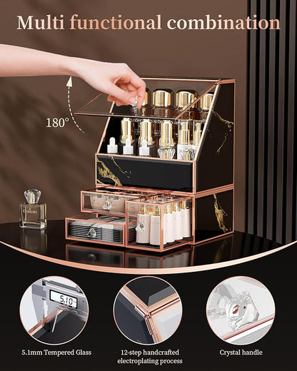 CoralHouse Makeup Organizer for Vanity, Black Makeup Organizer with Drawer, Skincare Holder for Bathroom Countertop,Cosmetic Display Case for Dresser