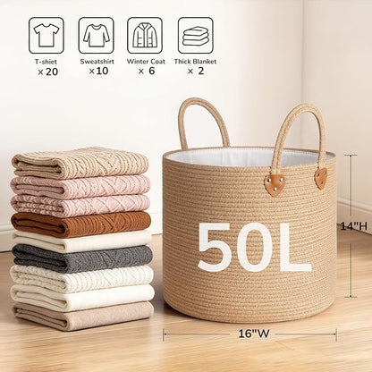 CHICVITA 50L Blanket Basket Living Room, Wicker Laundry Baskets for Home Decor, Baby Toy Basket with Handles, Large Nursery Hamper for Blankets Towels Clothes, 16" X 16" X 14", Jute Brown