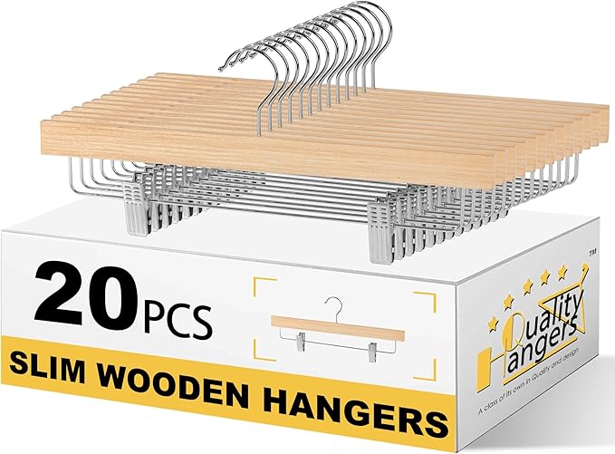 Quality 14" Slim Wooden Skirt & Pant Hangers with Clips – 20 Pack – Space-Saving 0.3" Thin Plywood Hanger – 10 lb Capacity – Adjustable Non-Slip Clips, 360° Swivel Hook (Natural, 20 Pack)