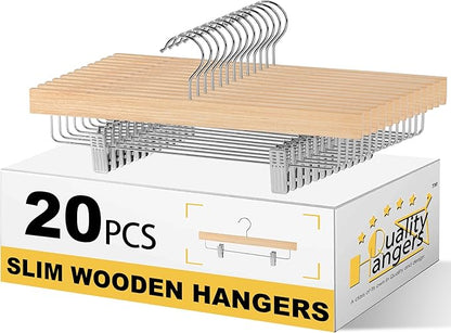 Quality 14" Slim Wooden Skirt & Pant Hangers with Clips – 20 Pack – Space-Saving 0.3" Thin Plywood Hanger – 10 lb Capacity – Adjustable Non-Slip Clips, 360° Swivel Hook (Natural, 20 Pack)