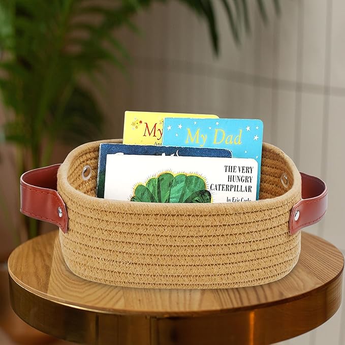 ABenkle Small Storage Basket, Mini Rope Woven Baskets, Cute Shelf Closet Storage Organizer, Boho Decorative Toy Bin for Nursery, Living Room, Spa, Empty Gift Basket - XS, Brown