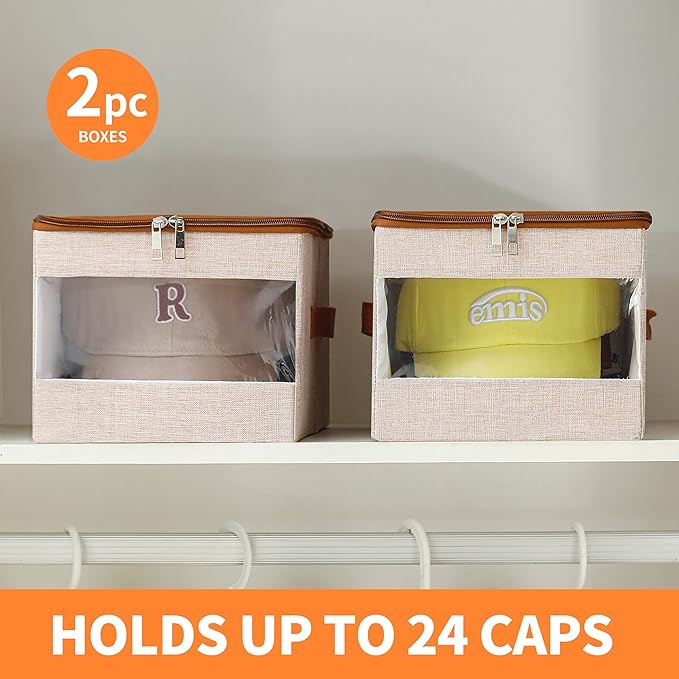 Stackable Hat Organizer for Baseball Caps, Hat Storage Holder Container for Closet Hold Up to 12 Caps with Clear Window, Hat Boxes for Home Storage (Beige, 2 Packs)