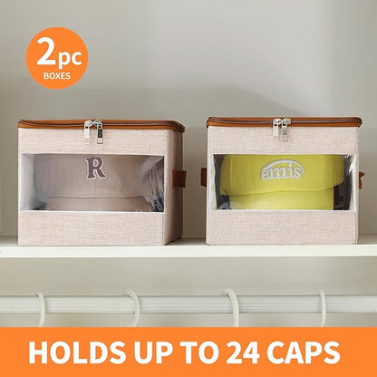 Stackable Hat Organizer for Baseball Caps, Hat Storage Holder Container for Closet Hold Up to 12 Caps with Clear Window, Hat Boxes for Home Storage (Beige, 2 Packs)