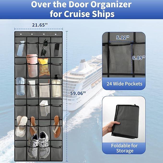 Over The Door Organizer for Cruise Ships 24 Pockets Door Organizer Hanging Magnetic Organizer Travel Hanging Storage Cruise Must Haves Cruise Ship Essentials (Grey)