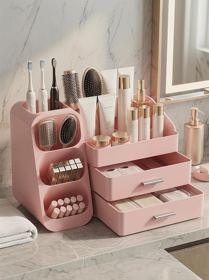Booklov Makeup Organizer for Vanity, Large Capacity Cosmetic Display Case with Drawers, Countertop Beauty Storage Holder for Skincare, Brush Eyeliner Perfume Eyeshadow Lipsticks, Counter Desk, Pink