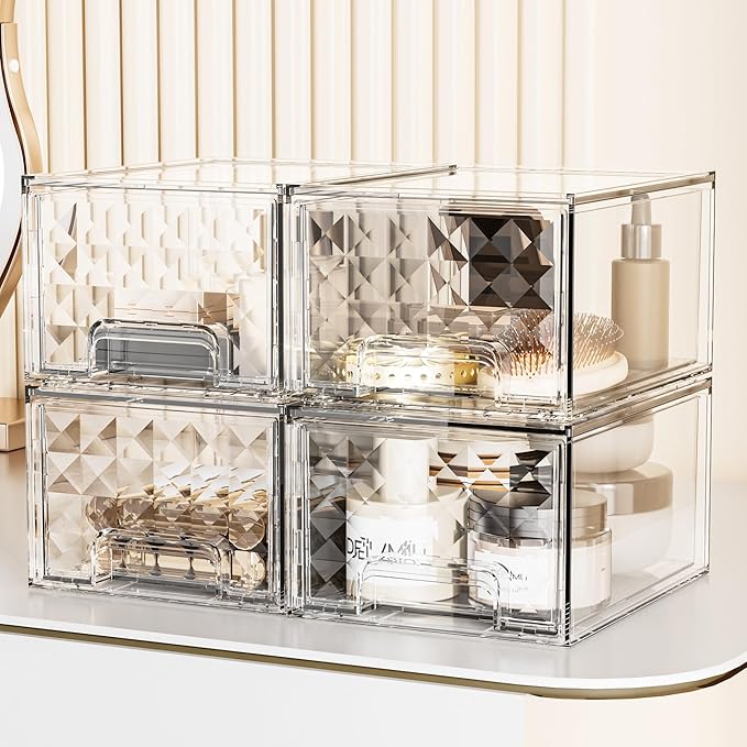 Delamu Stackable Storage Drawers, Makeup, Baby Bottle and Bathroom Cabinet Organizer, Plastic Drawer Organizer for Undersink, Cabinet, Vanity, Kitchen, Pantry, Ideal Gifts for Women, Clear, 4 Pack